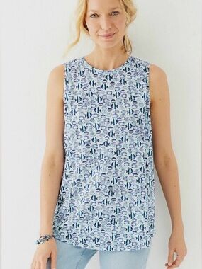 J. Jill 100% Linen Fish Print Tank Top Sleeveless Crewneck Coastal Sky Medium